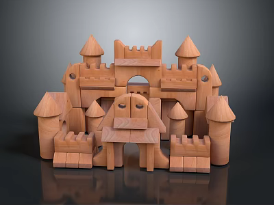 Wooden Block Castle Construction With Pointed Towers Arched Entry And Stacked Blocks 3d model