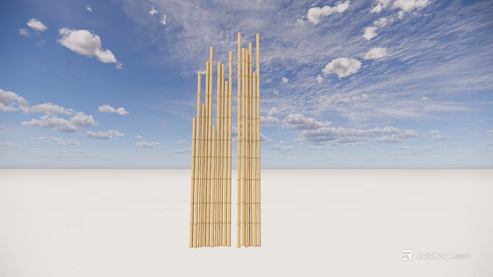 Tall Bamboo Poles Structure Against Blue Sky With White Clouds And White Ground 3d model 