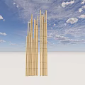 Tall Bamboo Poles Structure Against Blue Sky With White Clouds And White Ground