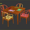 Square Wooden Dining Table Set With Four Curved Chairs Patterned Cushions And Tableware 3d model
