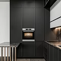 Sleek Modern Kitchen Interior With Black Cabinets Marble Countertop Vertical Slats And Ambient Lighting