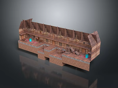 Cartoon Medieval Tavern Interior With Wooden Roof Benches Tables Blue Vases Stone Floor And Chandeliers 3d model