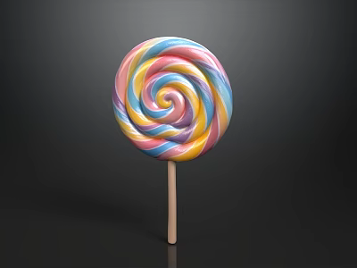 Delicious Vibrant Colorful Spiral Lollipop With Wooden Stick On Black Background 3d model