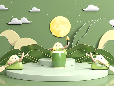 Green Landscape Sculpture Displaying Three Cartoon Figures on Pedestals with Full Moon Clouds and Mountain 3d model