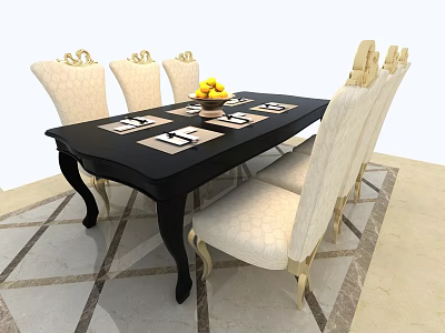 Elegant Black Dining Table Set with Beige Gold Accent Chairs and Fruit Bowl Plates 3d model