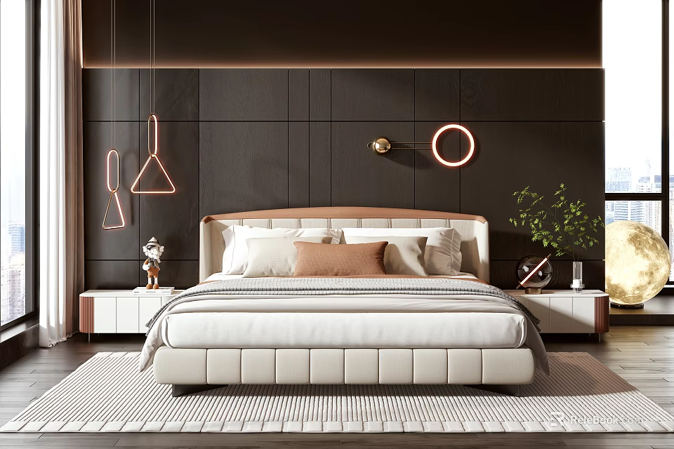Modern Double Bed in Bedroom Background With Dark Wall Padded Headboard Pillows And Hanging Lights 3d model 