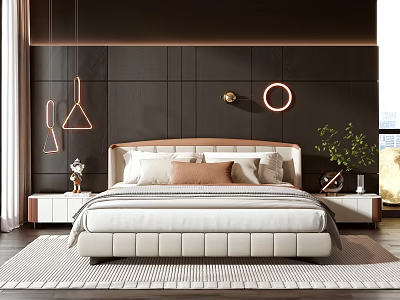Modern Double Bed in Bedroom Background With Dark Wall Padded Headboard Pillows And Hanging Lights 3d model