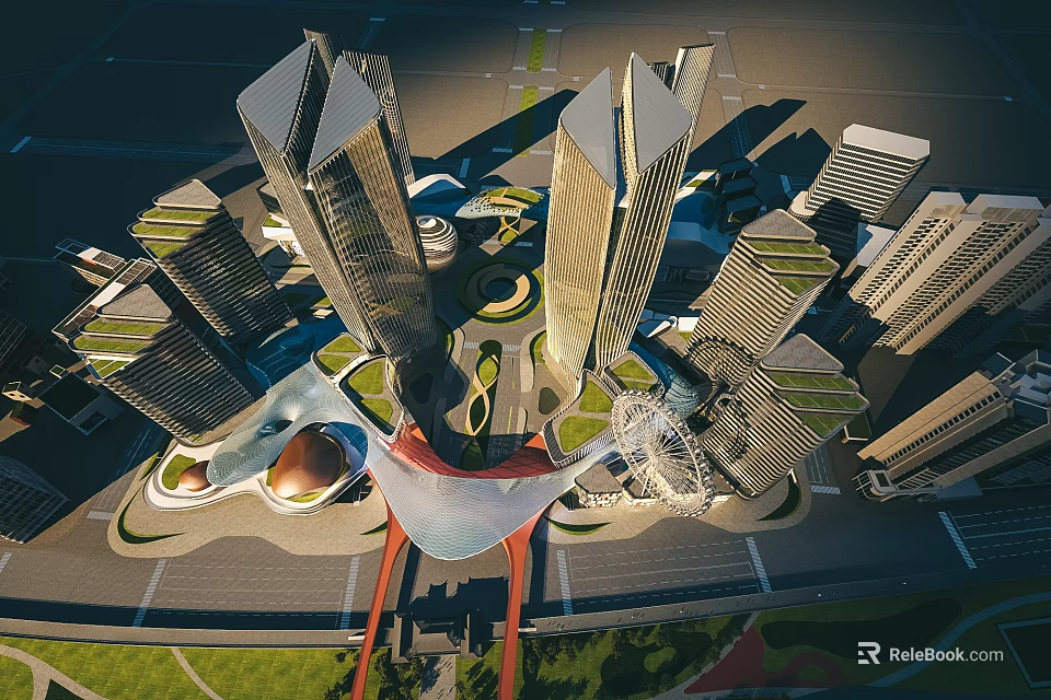 Aerial View Urban Planning With Modern Skyscrapers Green Spaces And Central Architectural Design 3d model 