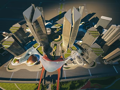 Aerial View Urban Planning With Modern Skyscrapers Green Spaces And Central Architectural Design 3d model