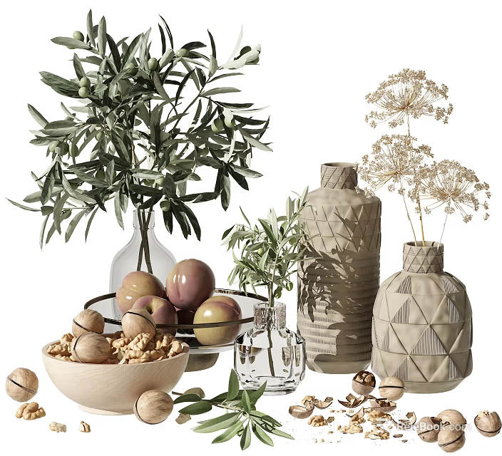 Stylish Decorative Ornament Set With Olive Branches Dried Flowers Fruits Nuts Bowl And Geometric Vases 3d model 