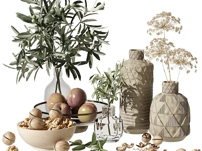 Stylish Decorative Ornament Set With Olive Branches Dried Flowers Fruits Nuts Bowl And Geometric Vases 3d model