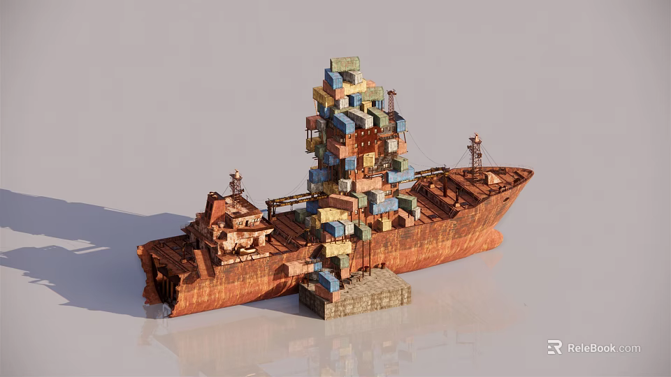 Rusted Ship Hull Architectural Components Featuring Stacked Colorful Modules And Structural Design 3d model 