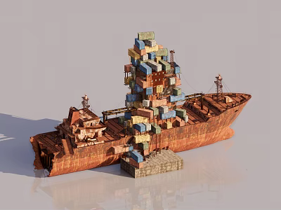 Rusted Ship Hull Architectural Components Featuring Stacked Colorful Modules And Structural Design 3d model