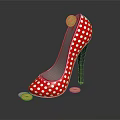 Red Polka Dot High Heels with Coin on Heel and Scattered Coins on Black Background