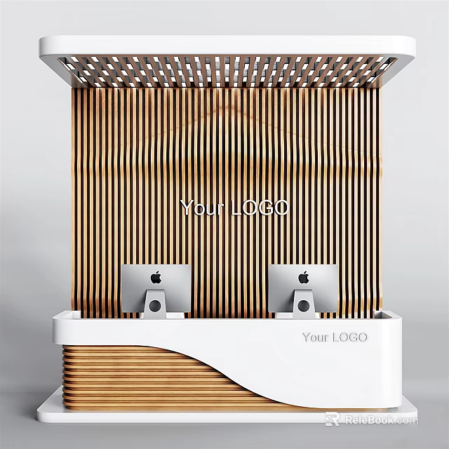 Modern Reception Desk With Wooden Slat Background Apple Monitors And Logo Space 3d model 