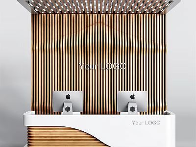 Modern Reception Desk With Wooden Slat Background Apple Monitors And Logo Space 3d model