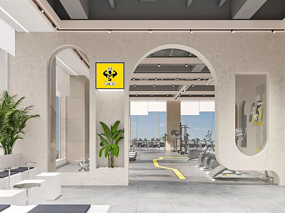 Bright Modern Fitness Gym Open Space With Arched Design Equipment And Plants 3d model