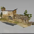 Traditional Rural Stone House With Tiled Roof And Small Green Trees