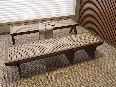 Wooden Benches With Woven Texture In Indoor Setting Near Window Blinds And Panel Wall 3d model
