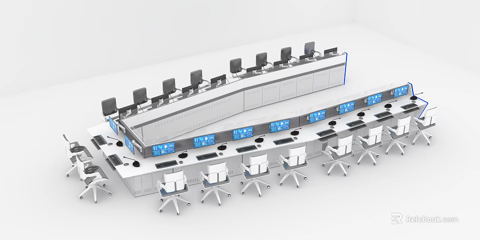 Modern Office Desk Setup With Multiple Monitors Keyboards and Ergonomic Chairs 3d model 