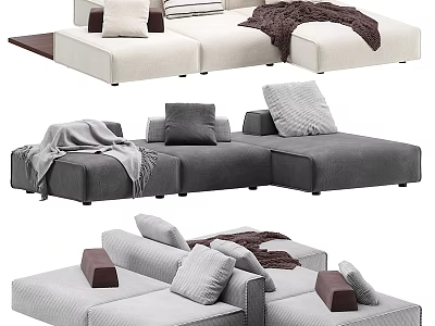 Modern Fabric Upholstered Sectional Sofa in Beige and Gray with Soft Pillows and Throw Blanket 3d model