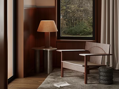 Comfortable Wooden Leisure Chair With Side Table Floor Lamp And Window View On Rug 3d model