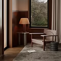 Comfortable Wooden Leisure Chair With Side Table Floor Lamp And Window View On Rug