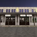 Traditional Railway Station Building At Night With Square Benches Street Lamps And Carriage