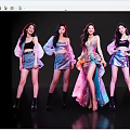 Five Stylish Women in Outfits With Gorgeous Long Dress Center Black Background Purple Pink Lighting