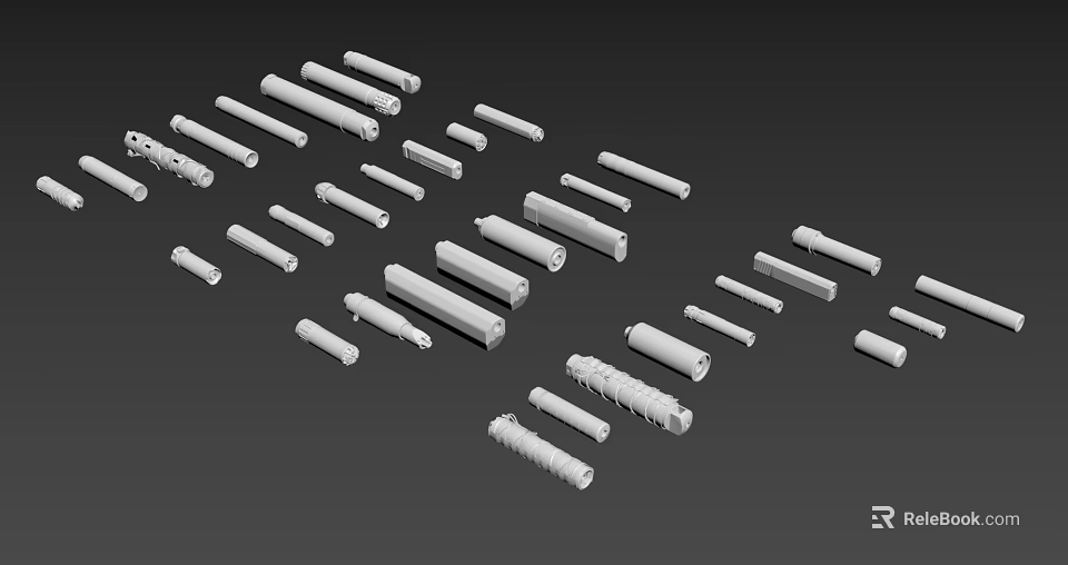 Multiple White Cylindrical Weapon Parts Arranged On Black Background 3d model 