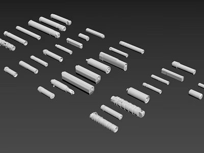 Multiple White Cylindrical Weapon Parts Arranged On Black Background 3d model