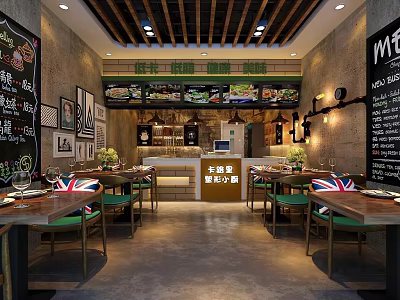 Modern Industrial Restaurant Interior With Wooden Tables Blackboard Menus And Decorative Posters 3d model