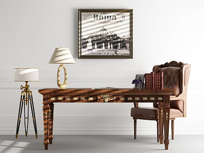 Elegant Wooden Desk With Ornate Details Chair Table Lamp And Roma Wall Art 3d model