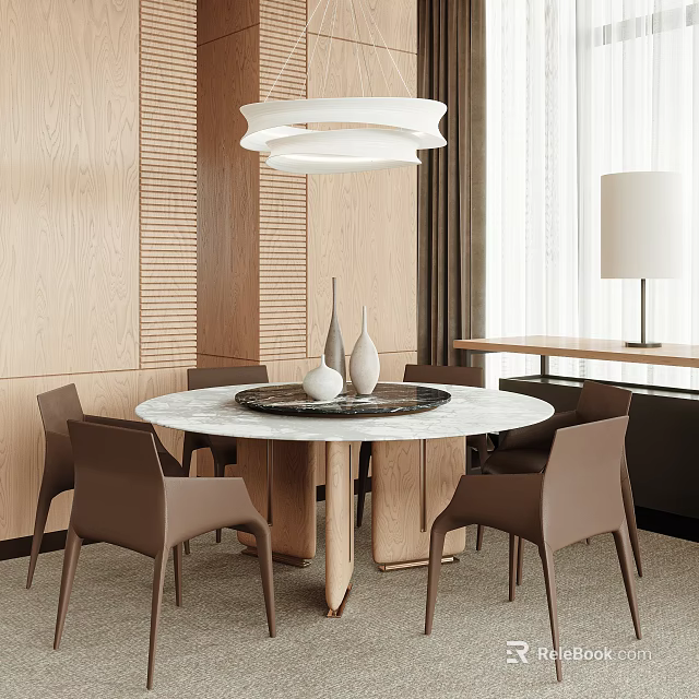 Modern Round Marble Dining Table Set With Brown Chairs And Pendant Light Decor 3d model