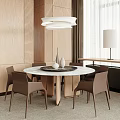 Modern Round Marble Dining Table Set With Brown Chairs And Pendant Light Decor 3d model
