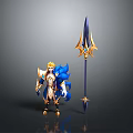 Blonde Warrior Character With Blue Mythical Creature Companion In Golden Armor