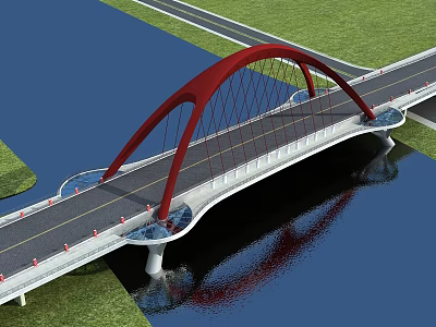 Modern Red Arch Bridge Spanning Water With Reflection And Green Grass 3d model
