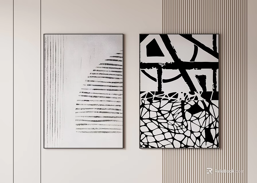 Black And White Abstract Paintings With Stripes Curves Geometric Shapes Mesh Patterns Hanging In Interior 3d model 