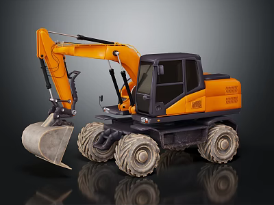 Yellow Wheel Excavator With Large Bucket And Black Cabin On Reflective Surface 3d model