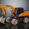 Yellow Wheel Excavator With Large Bucket And Black Cabin On Reflective Surface