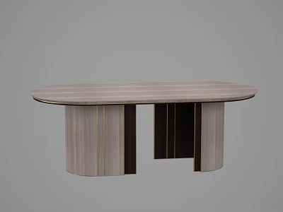 Oval Light Wood Dining Table With Dark and Light Wood Legs And Gold Accent Stripes 3d model