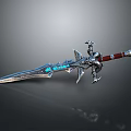 Ornate Fantasy Sword with Blue Glowing Blade Red Decorative Hilt Metallic Accents and Intricate Details