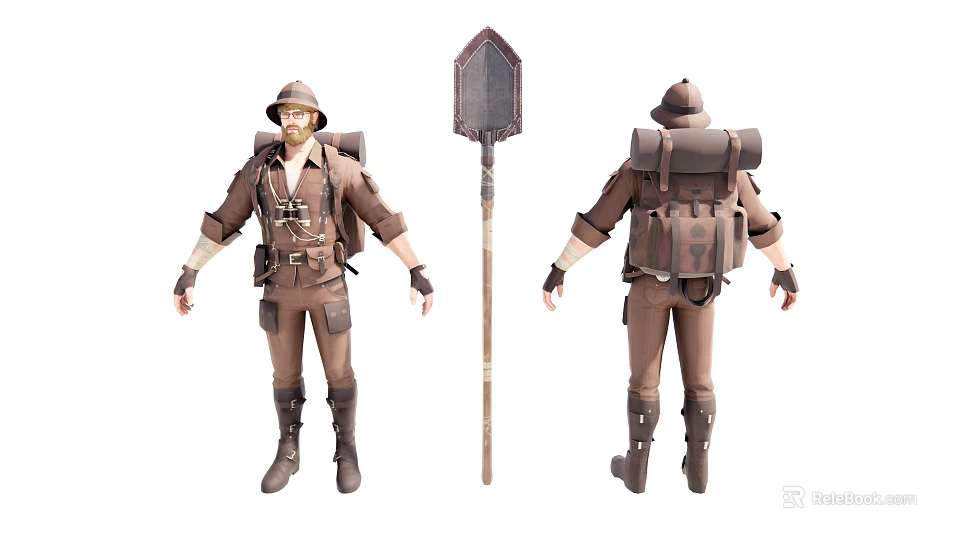 Detailed Woman in Brown Adventure Clothing Front and Back Full Body Views with Shovel 3d model 