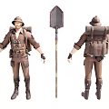 Detailed Woman in Brown Adventure Clothing Front and Back Full Body Views with Shovel