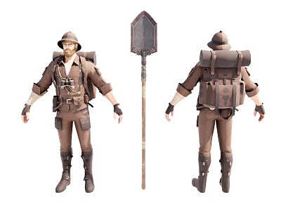 Detailed Woman in Brown Adventure Clothing Front and Back Full Body Views with Shovel 3d model