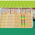 Kindergarten Outdoor Playground With Wooden Climbing Frames Colorful Rings White Fence And Green Floor