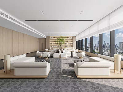 Spacious Modern Office Interior With Wooden Walls White Sofas Large Windows And City View 3d model