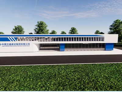 China Communications Construction Machinery Company Modern Building Exterior With Blue White Design and Green Lawn 3d model
