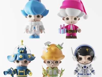 Cute Character Dolls With Santa Hat Gift Box Astronaut Telescope And Tools 3d model