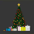 Christmas Tree With Star On Top Colorful Balls Red Decorations And Colorful Gift Boxes Under